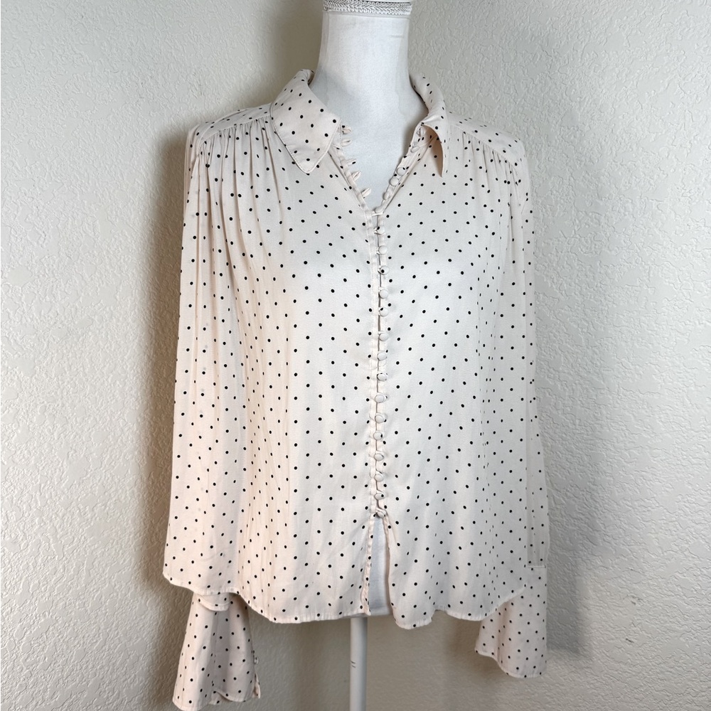 FREE PEOPLE Kennedy Blouse Size Medium Pink Polka Dot Oversized Button‎ Down